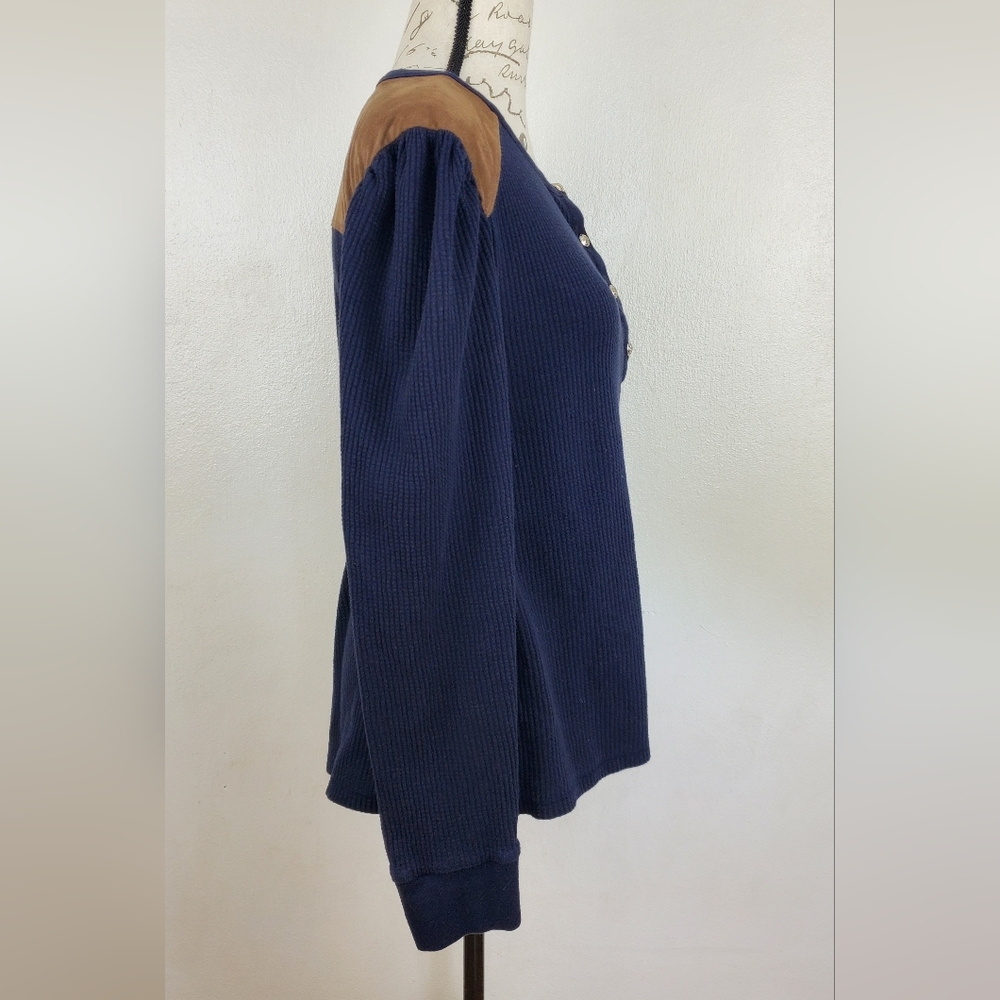 Tommy Hilfiger Henley Top Women’s XL Navy Waffle Knit Long Sleeve Pullover - Picture 4 of 12